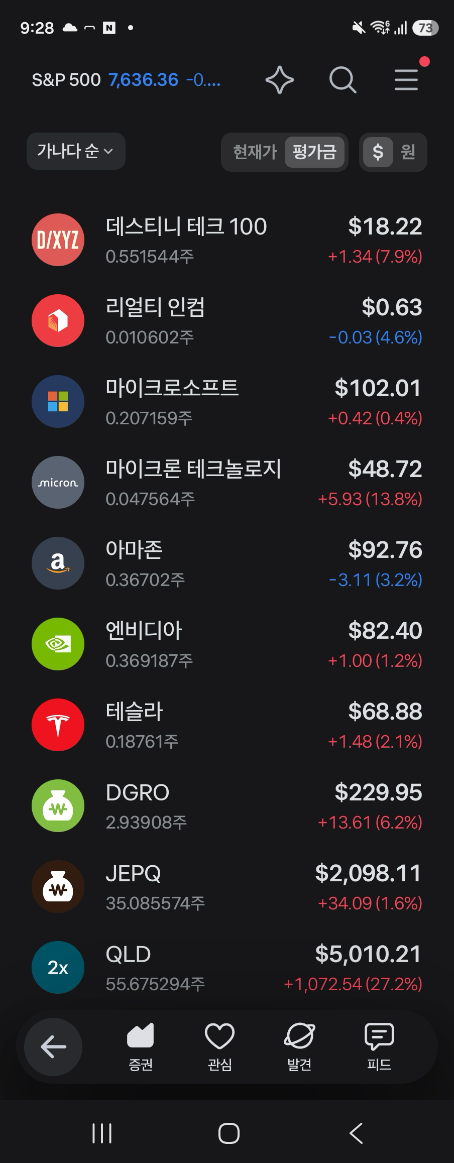 2026년 9월 10일 토스증권 앱에 표시된 해외주식별 보유수량과 평가손익